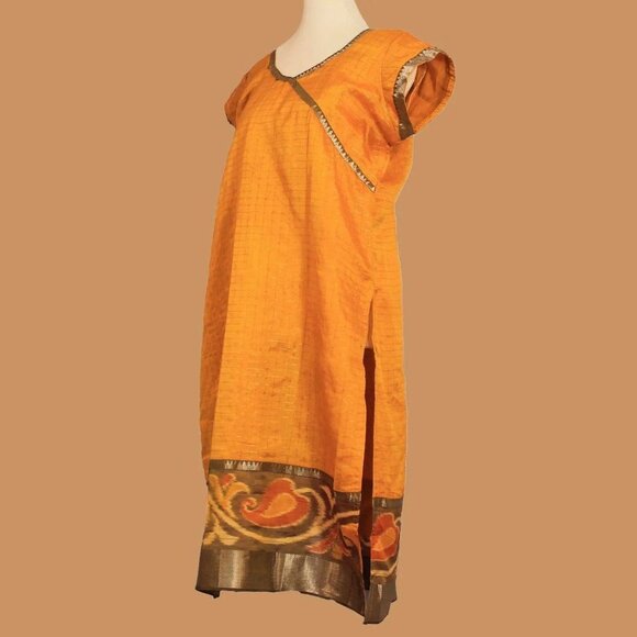 Yellow and Blue Silk Kurta with Gold Border | Muvvas Boutique - Picture 1 of 5